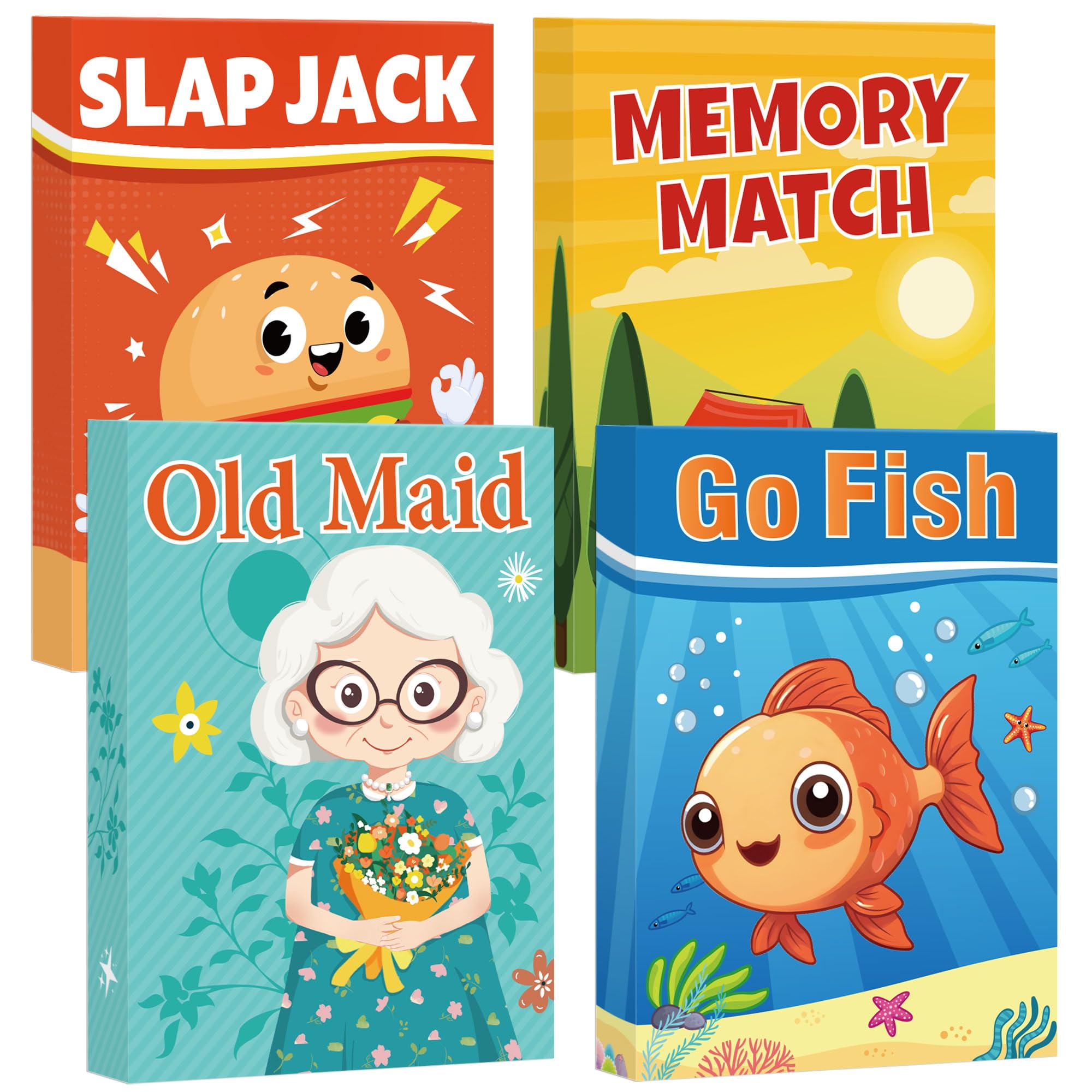 Etyishe Card Games for Kids Toddlers, Go Fish, Old Maid, Slap Jack and Memory Match, 4 Decks in 1 Pack, Fun Educational Gard Games for Family Game Night Table Games, Great Stocking Stuffers