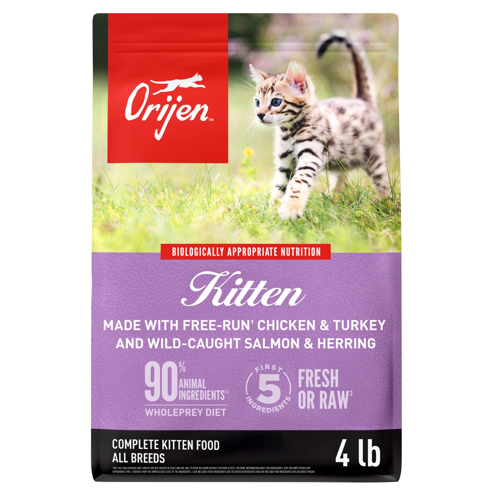 ORIJEN Grain Free High Protein Premium Dry Cat Food Kitten Recipe 4lb Bag