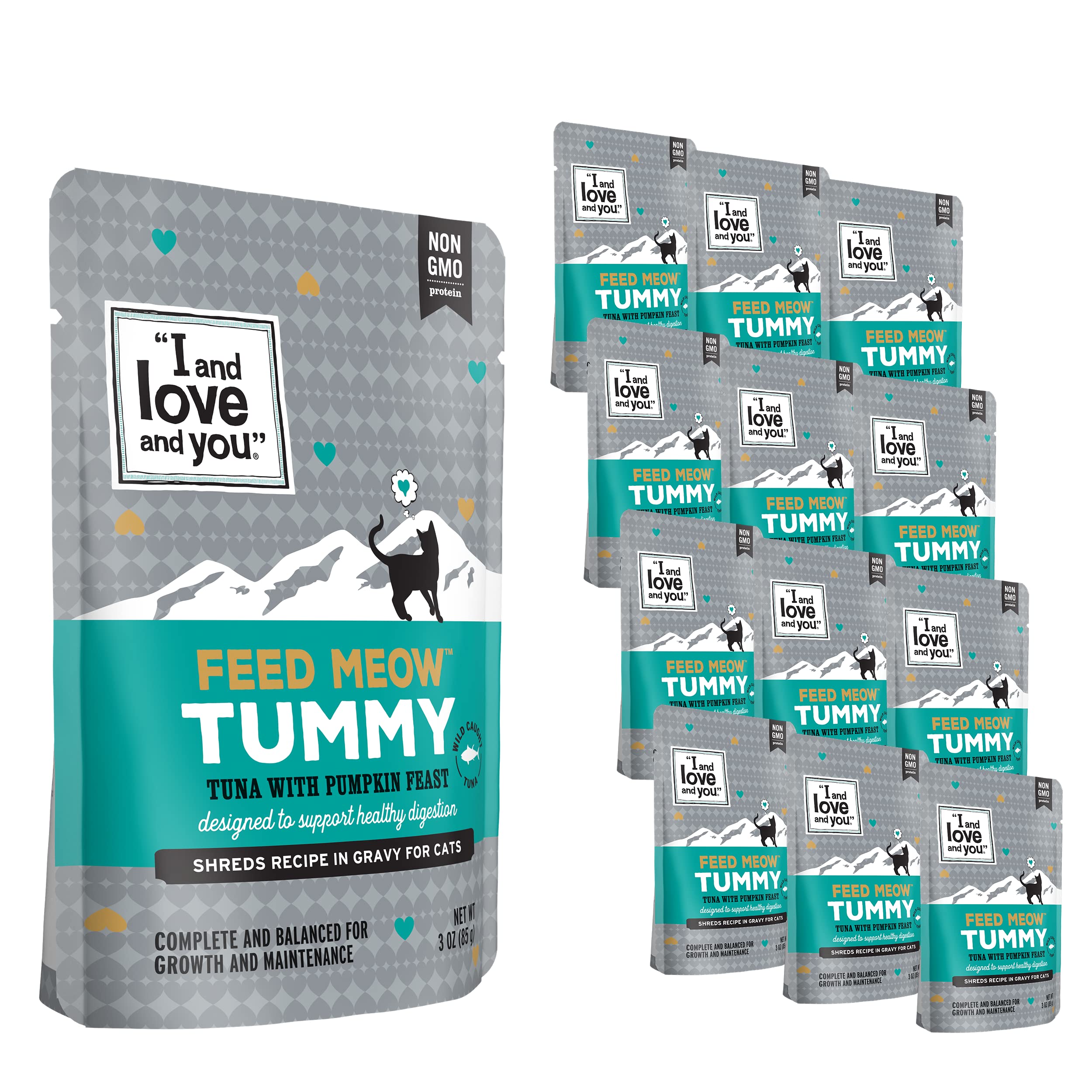 I AND LOVE AND YOU Feed Meow Tummy Wet Cat Food - Tuna + Pumpkin - Digestion Support, Grain Free, Shredded, 3oz Pack of 12