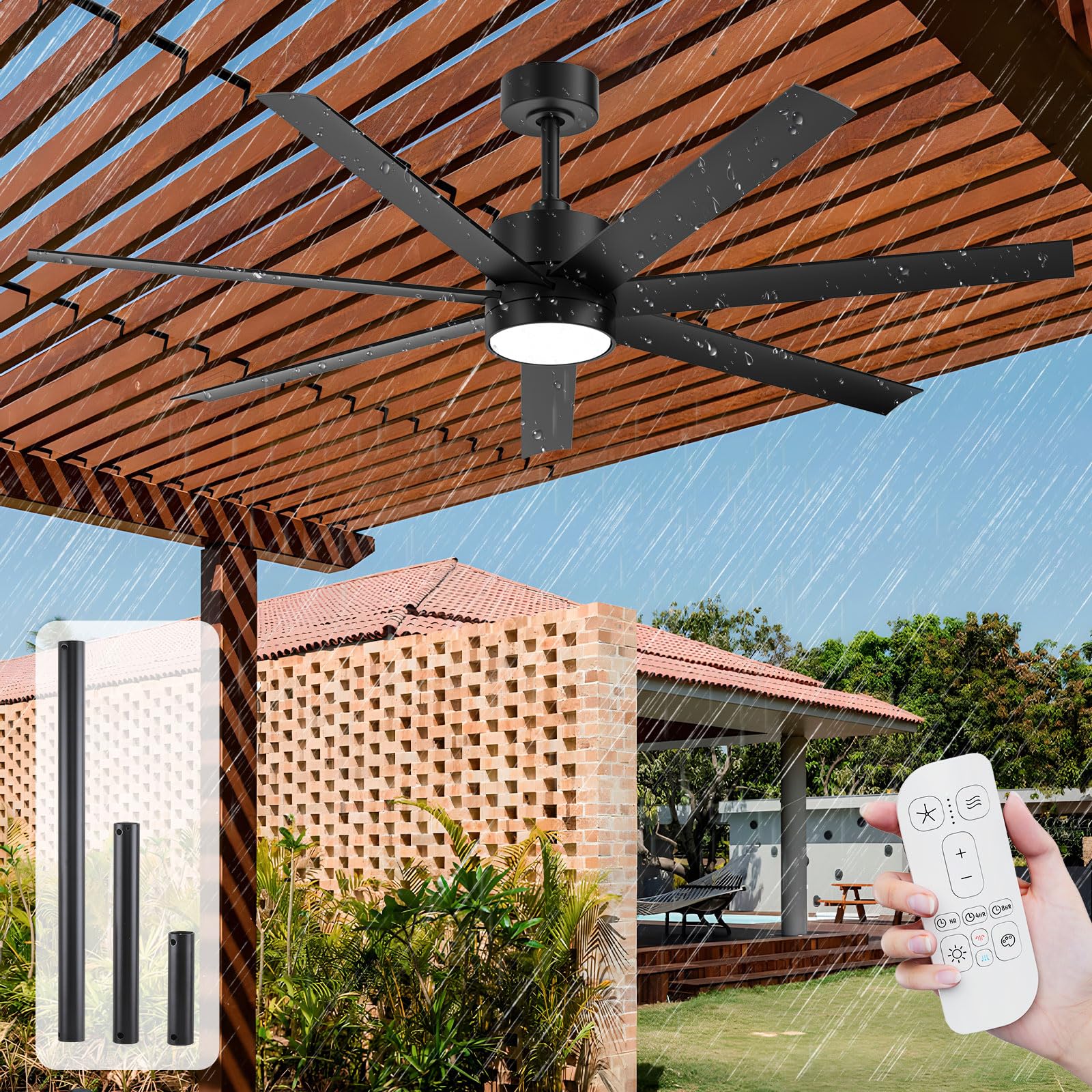 All Weather Wet-Rated Outdoor Ceiling Fan with Lights Waterproof for Patio, 56 Inch High CFM Black Outdoor Fan with UV Coating 7 Blades for Large Exterior indoor Gazebo Terraces, Porch, Commercial