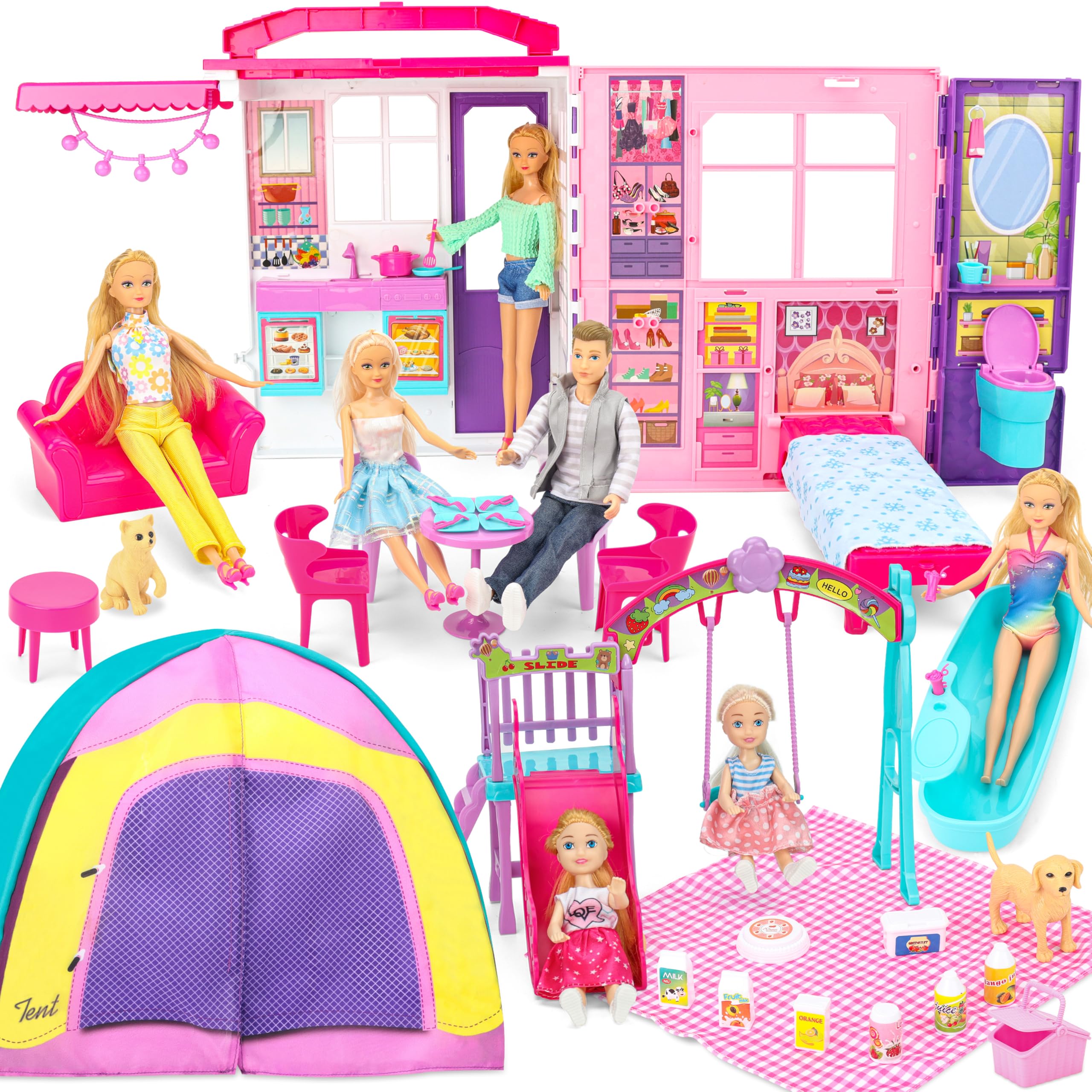Style Shine Doll House Portable & Foldable Dollhouse w/ 60+ Pcs & 2 Dolls, Play House Toy with Bedroom Kitchen Furniture Camping Playset, Playhouse Gift for Girl Kid Toddler