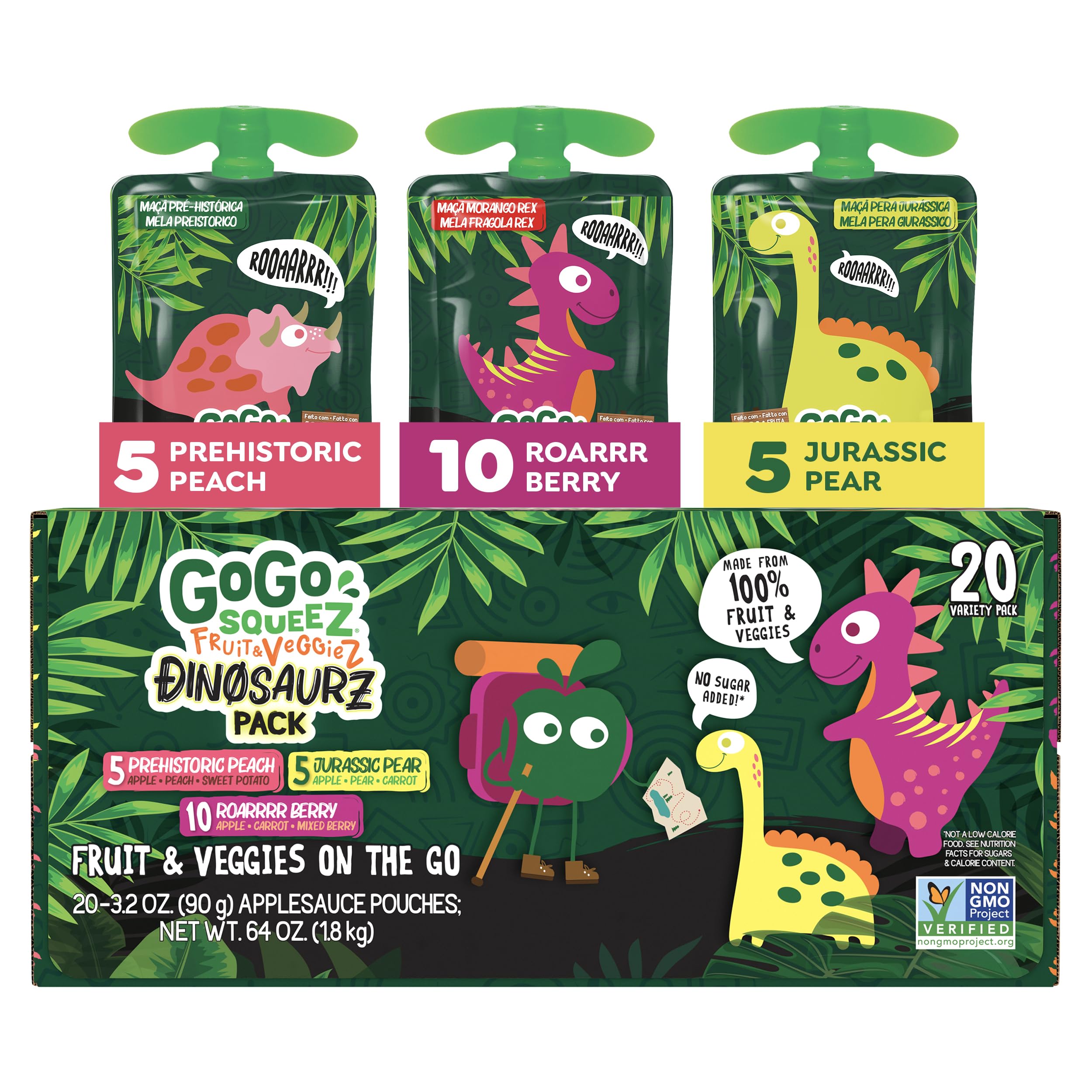 GoGo squeeZ No Sugar Added Fruit & veggieZ Applesauce and Puree Variety Pack, Jurassic Pear, Roarrrr Berry & Prehistoric Peach, 3.2 oz Pouches (Pack of 20), Fruit Snacks for Kids, Gluten Free, Nut Free, Recloseable Cap, BPA Free