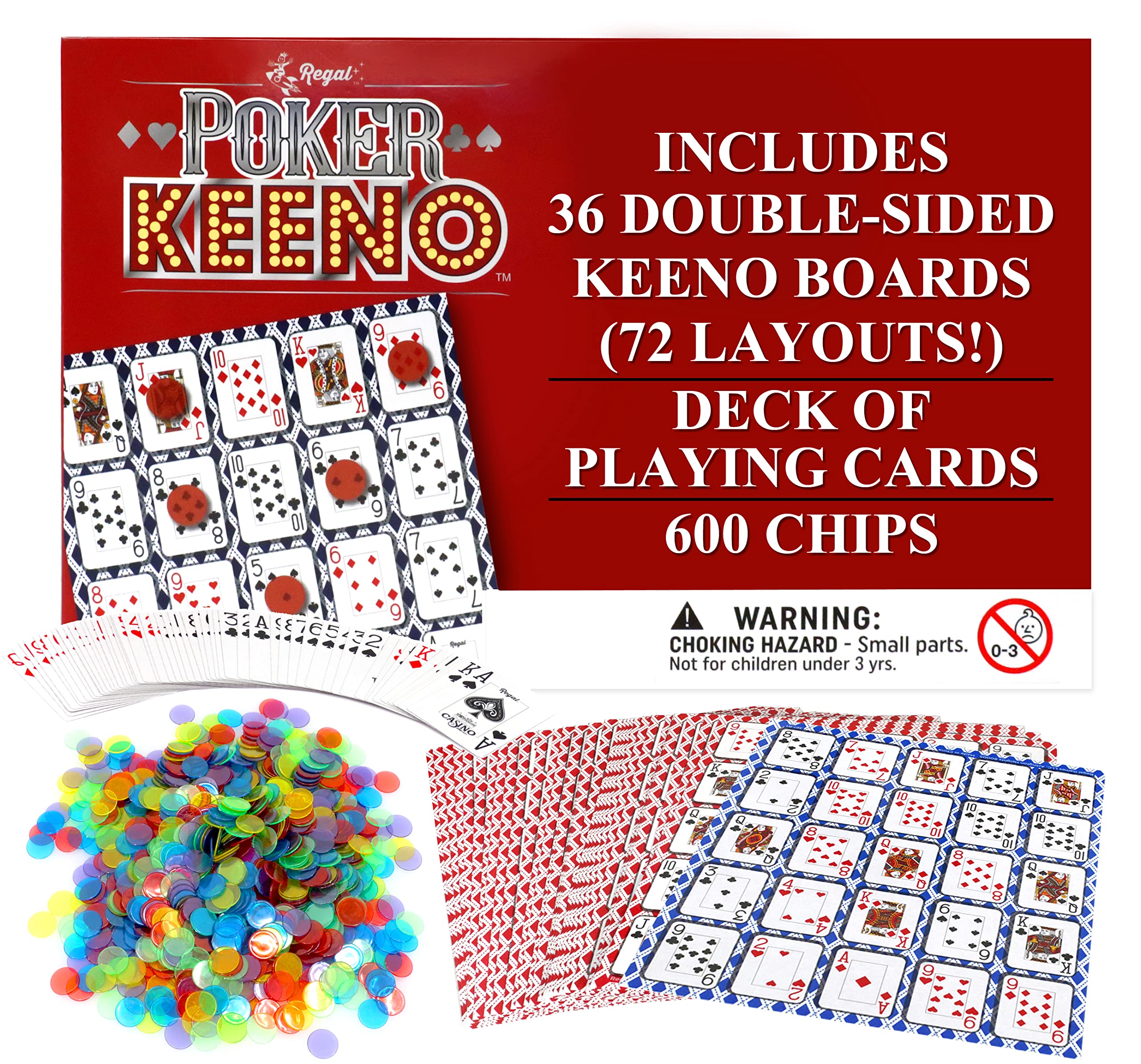 Regal Games - Poker Keeno Bulk Game Set - Includes 36 Two-Sided Boards, 600 Scoring Chips, 1 Deck of Standard Poker Cards - 72 Unique Board Layouts- Casino Night Card Game- Compatible w Poker Keno