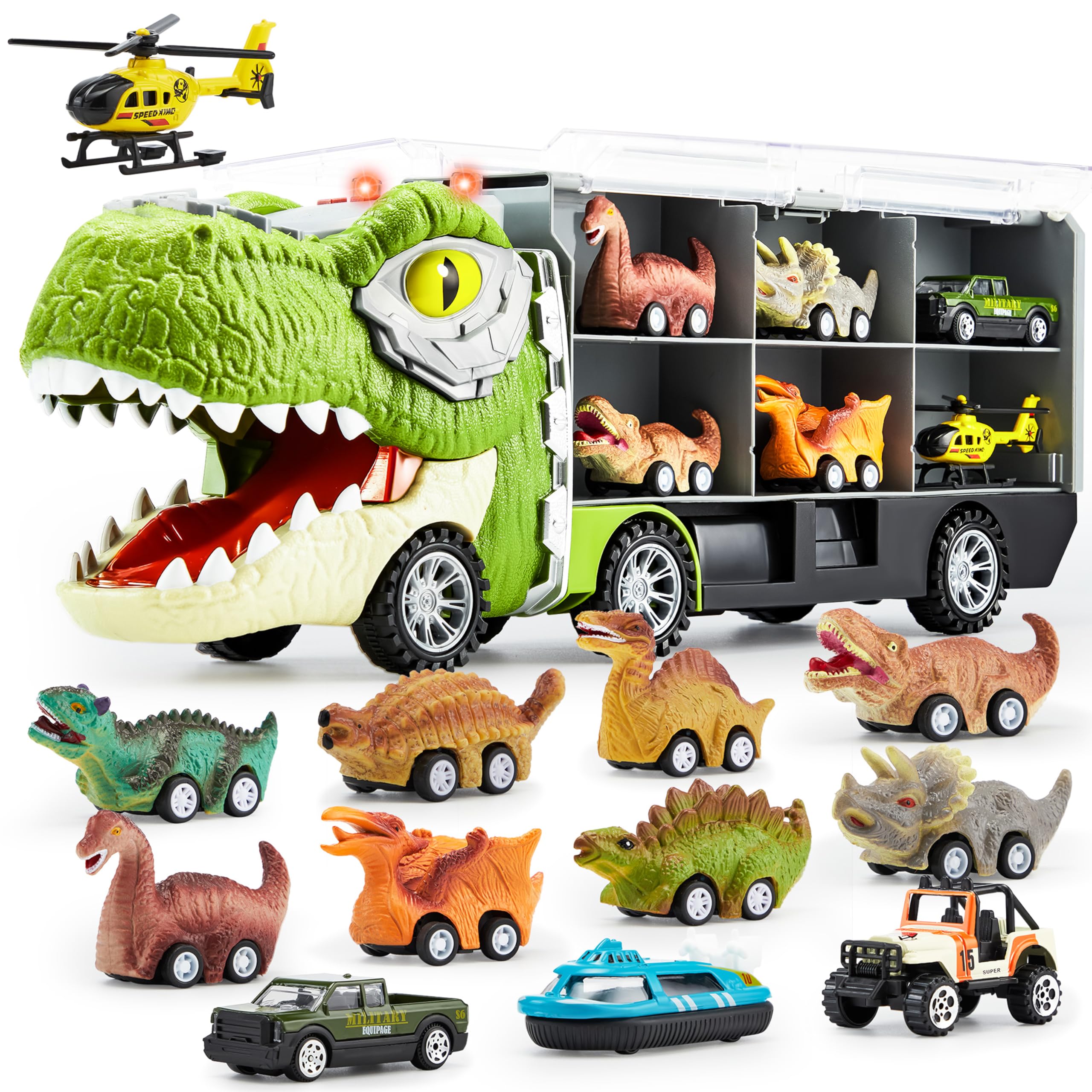 JOYIN 13 in 1 Dinosaur Toys for Kids 3-5, Transport Dinosaur Carrier Truck with 12 Pull Back Cars, Toddler Toys 3-4? Birthday Gifts for 3 4 5+ Year Old Boys