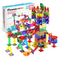 PicassoTiles 100pc Magnetic Marble Run Set with Racing Track Tiles Funnels Curved Slopes and Steel Balls for Kids STEM Construction Indoor Learning Toy that Promotes Focus and Problem Solving PTG100