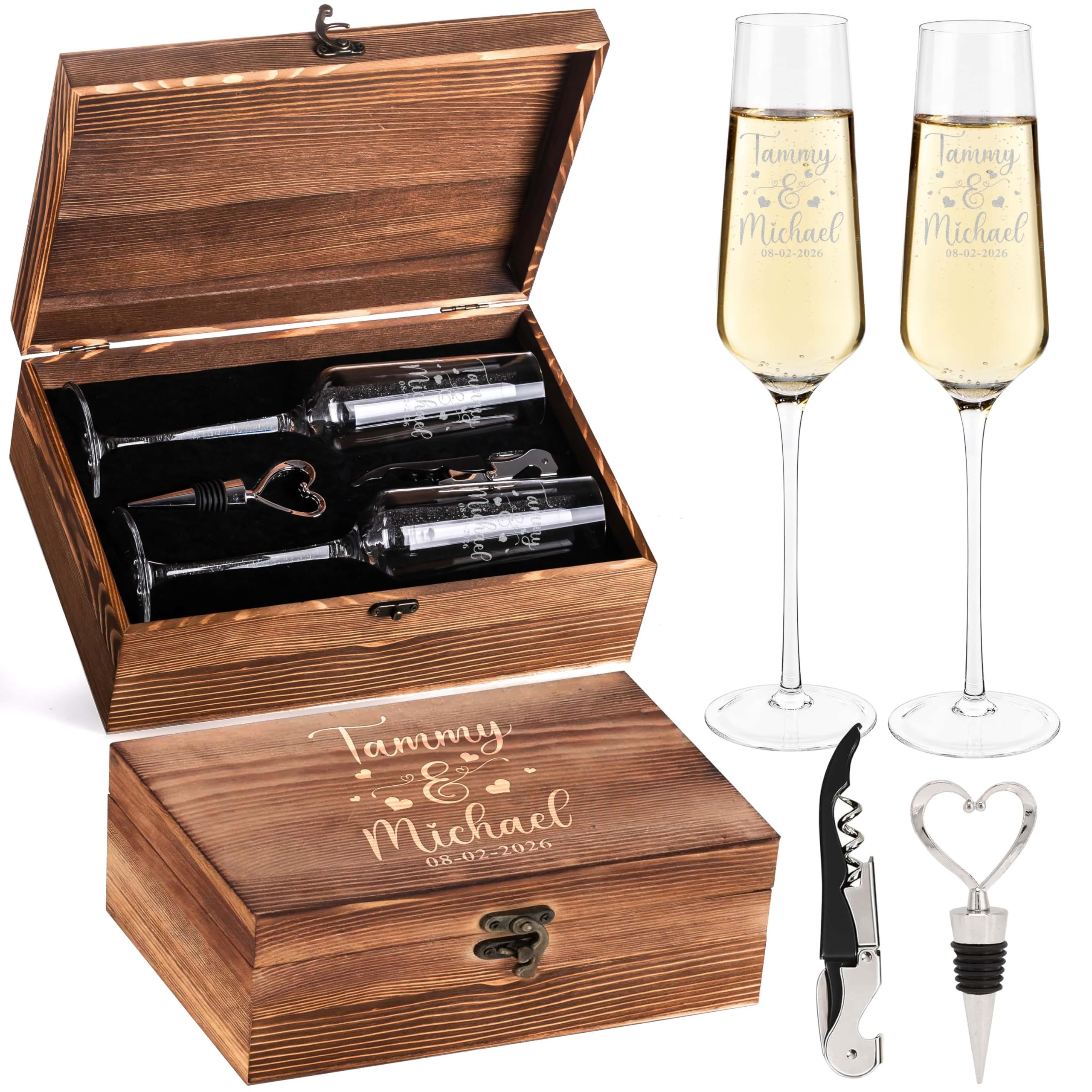 Set of 2 Personalized Couples Wedding Champagne Flute Glasses 8 oz – Custom Engraved Names & Date with Hearts, Bride & Groom Toasting Flutes with Wooden Keepsake Box, Bottle Stopper & Corkscrew Opener