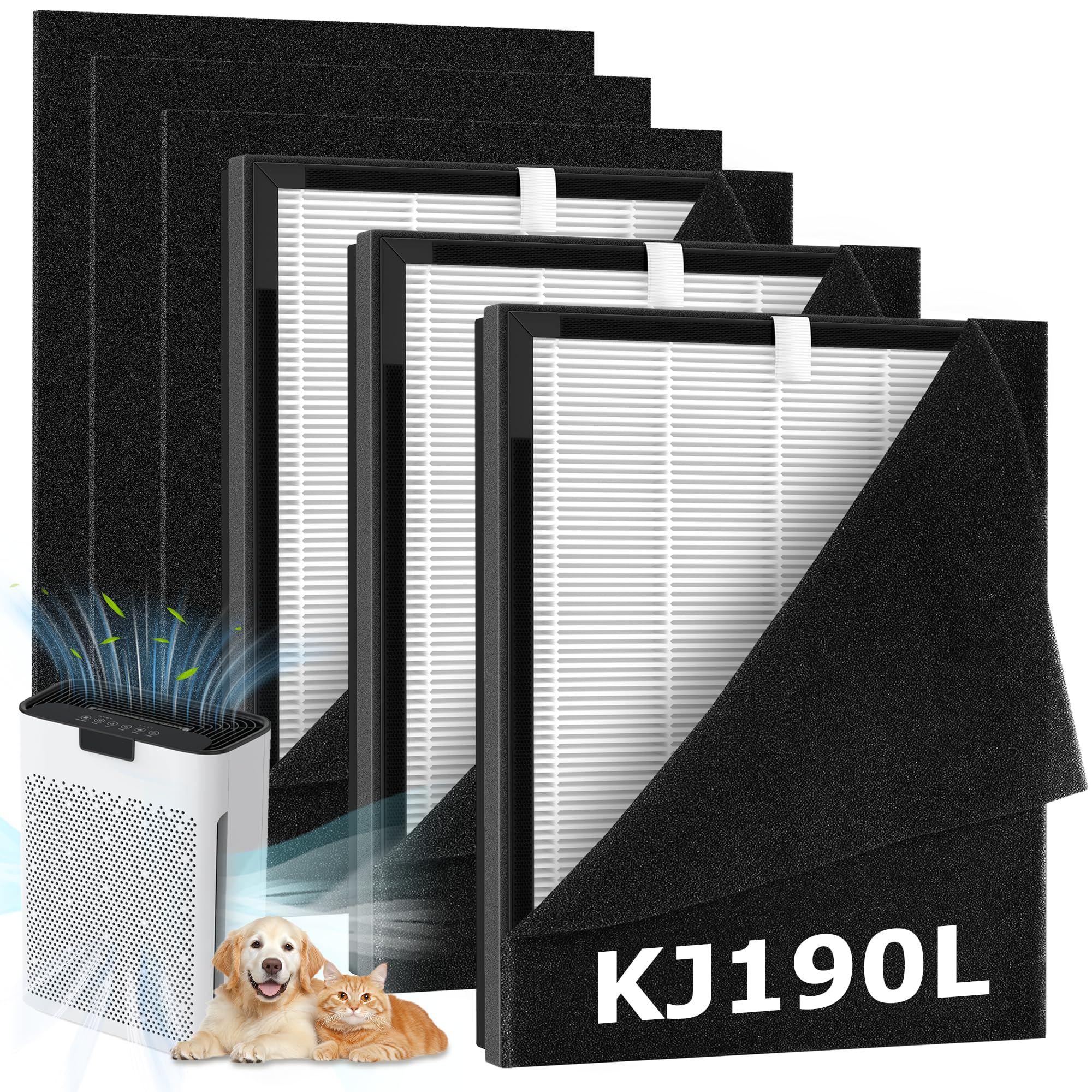 3 Pack KJ190L Filter Replacement Compatible with MOOKA KJ190L Air Purifier for Large Room, 3 Stage Filtration for Pollen Dust, 3 High-Efficiency Filters & 6 Washable PreFilters