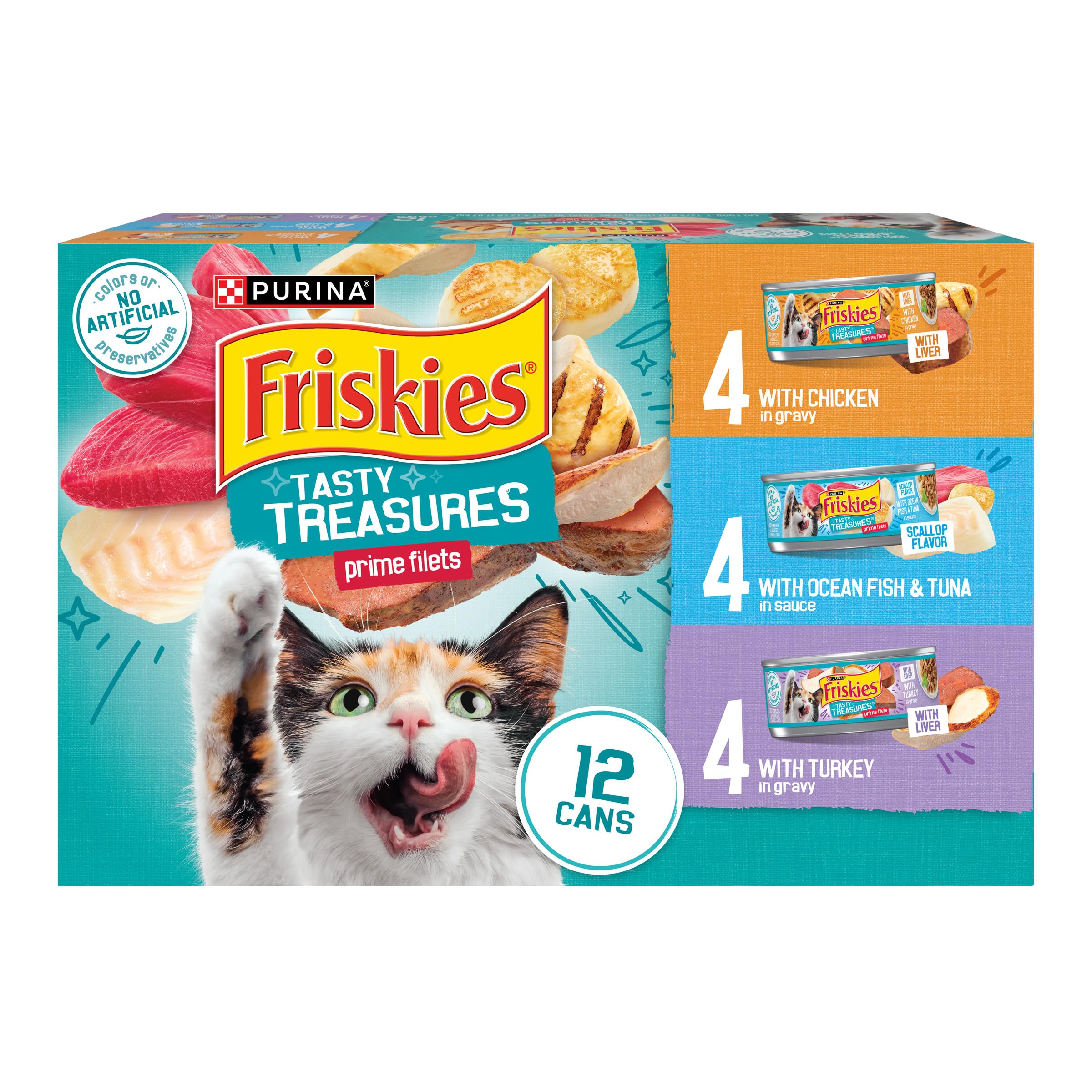 Purina Friskies Wet Cat Food Variety Pack, Tasty Treasures Prime Filets (With Ocean Fish and Tuna, With Chicken and With Turkey) - 5.5 Ounce (Pack of 12)