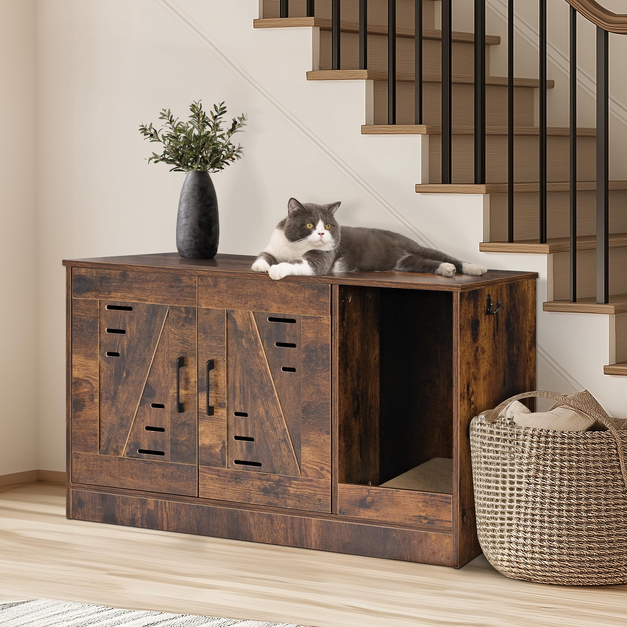 Cat Litter Box Enclosure, Hidden Cat Litter Box Furniture with Vent and Scratch Pad, Enclosed Odor Control, Easy Clean Panel, for Bedroom, Living Room, Rustic Brown