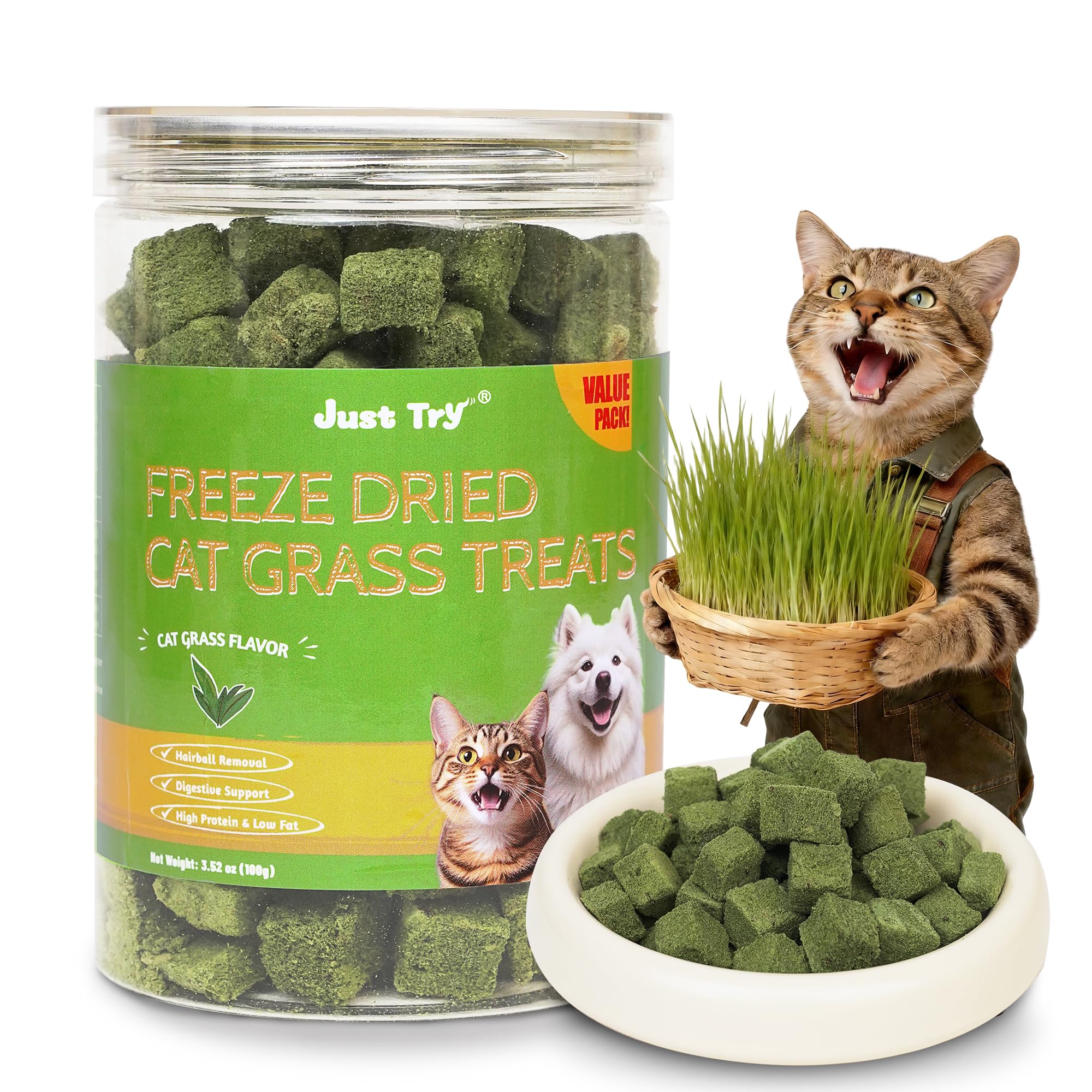 Just Try Freeze Dried Cat Grass Treats Hairball Control for Cats Crunchy Cat Treats Training Treats Healthy Cat Treats (3.52 OZ)