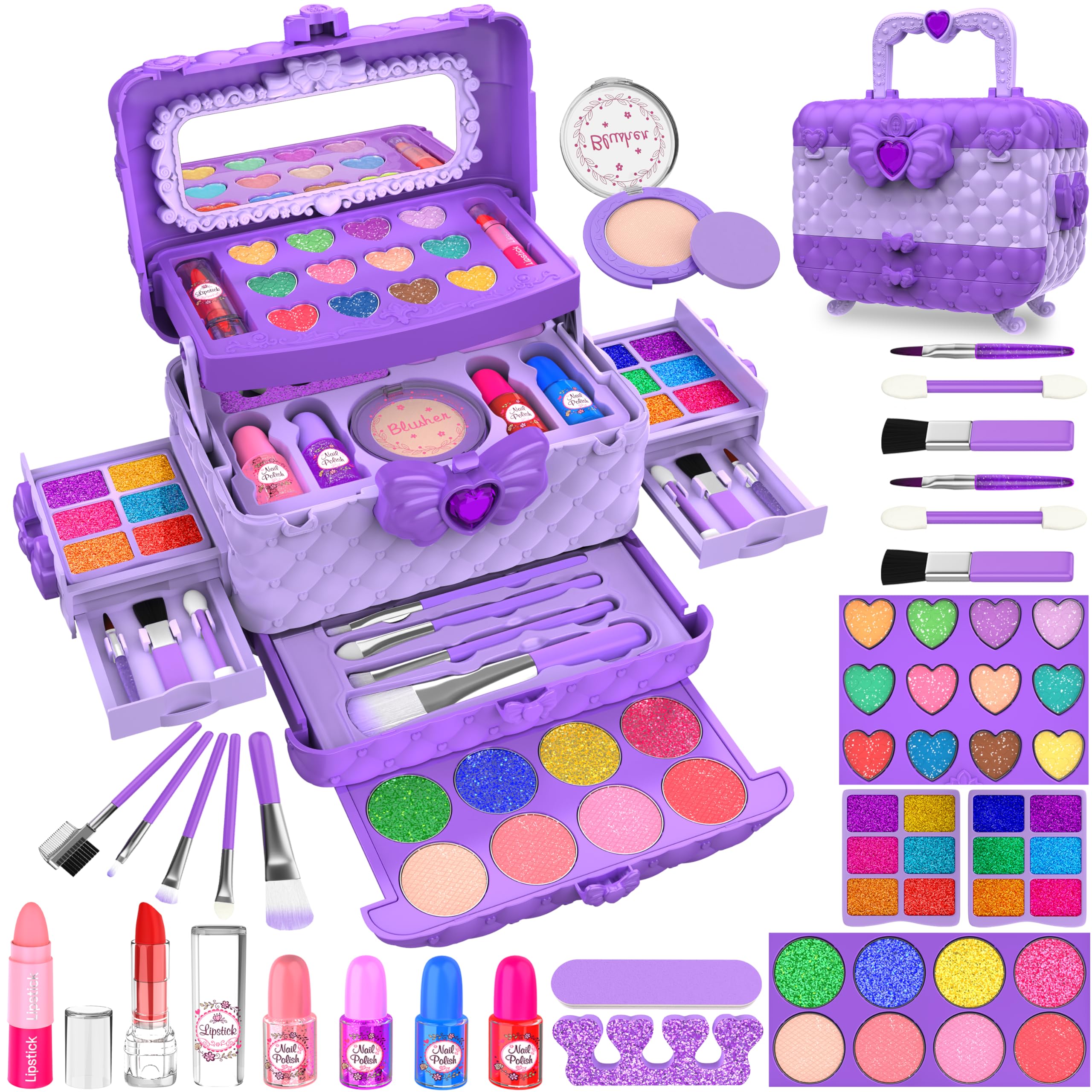 54 Pcs Kids Makeup Kit for Girls, Princess Real Washable Pretend Play Cosmetic Set Toys with Mirror, Birthday Gifts for 3 4 5 6 7 8 9 10 Years Old Girls Kids (Purple)
