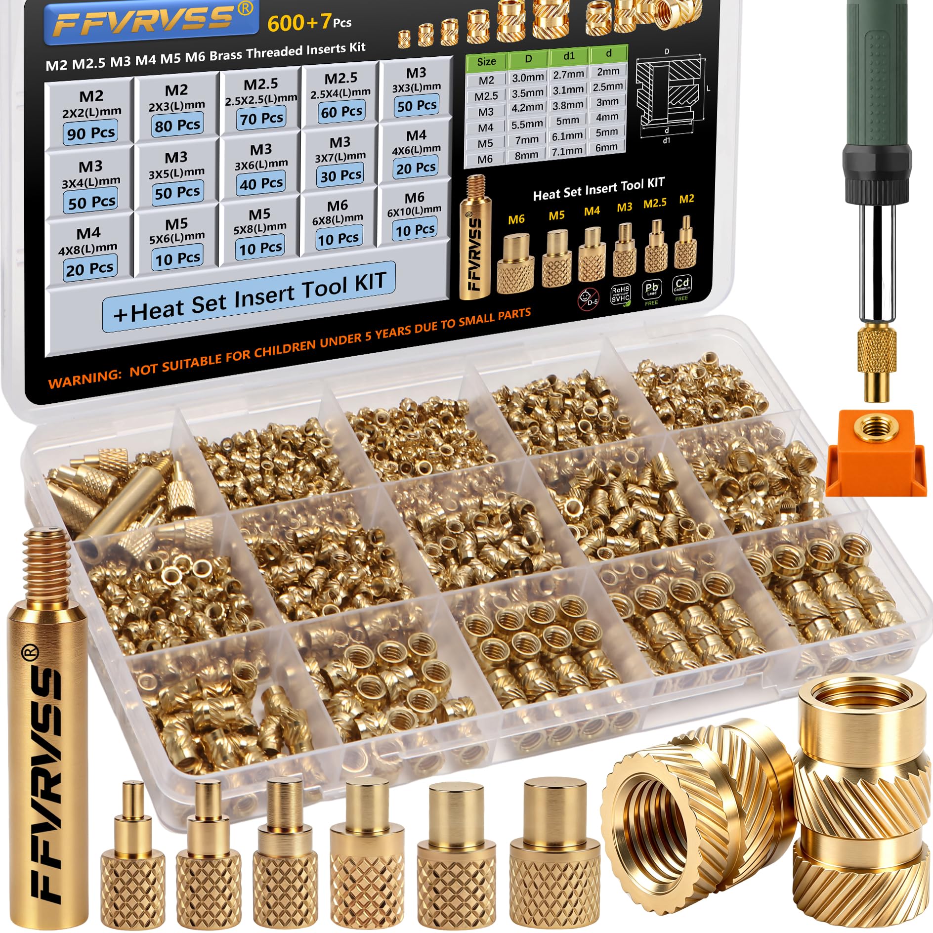 600+7Pcs M2 M2.5 M3 M4 M5 M6 Premium Brass Threaded Inserts, Metric Brass Knurled Nuts Assortment Kit, with Heat Set Insert Tool, for Plastic and 3D Printing Components, All-in-one Solutions