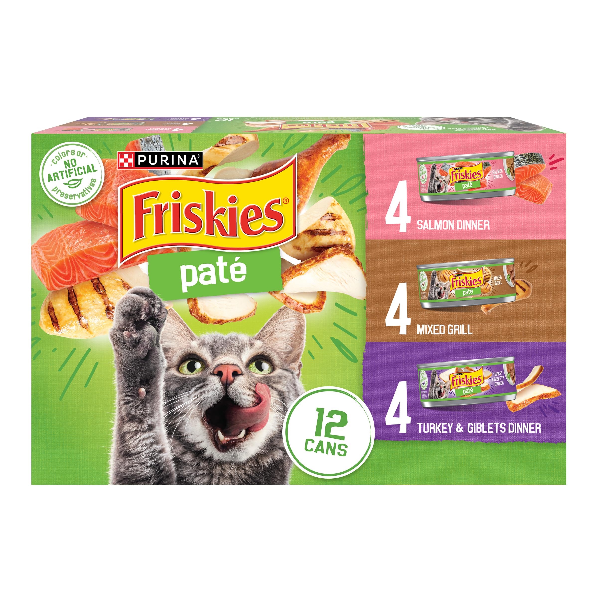 Purina Friskies Wet Cat Food Pate Variety Pack Salmon Dinner, Turkey and Giblets Dinner and Mixed Grill - (2 Packs of 12) 5.5 oz. Cans