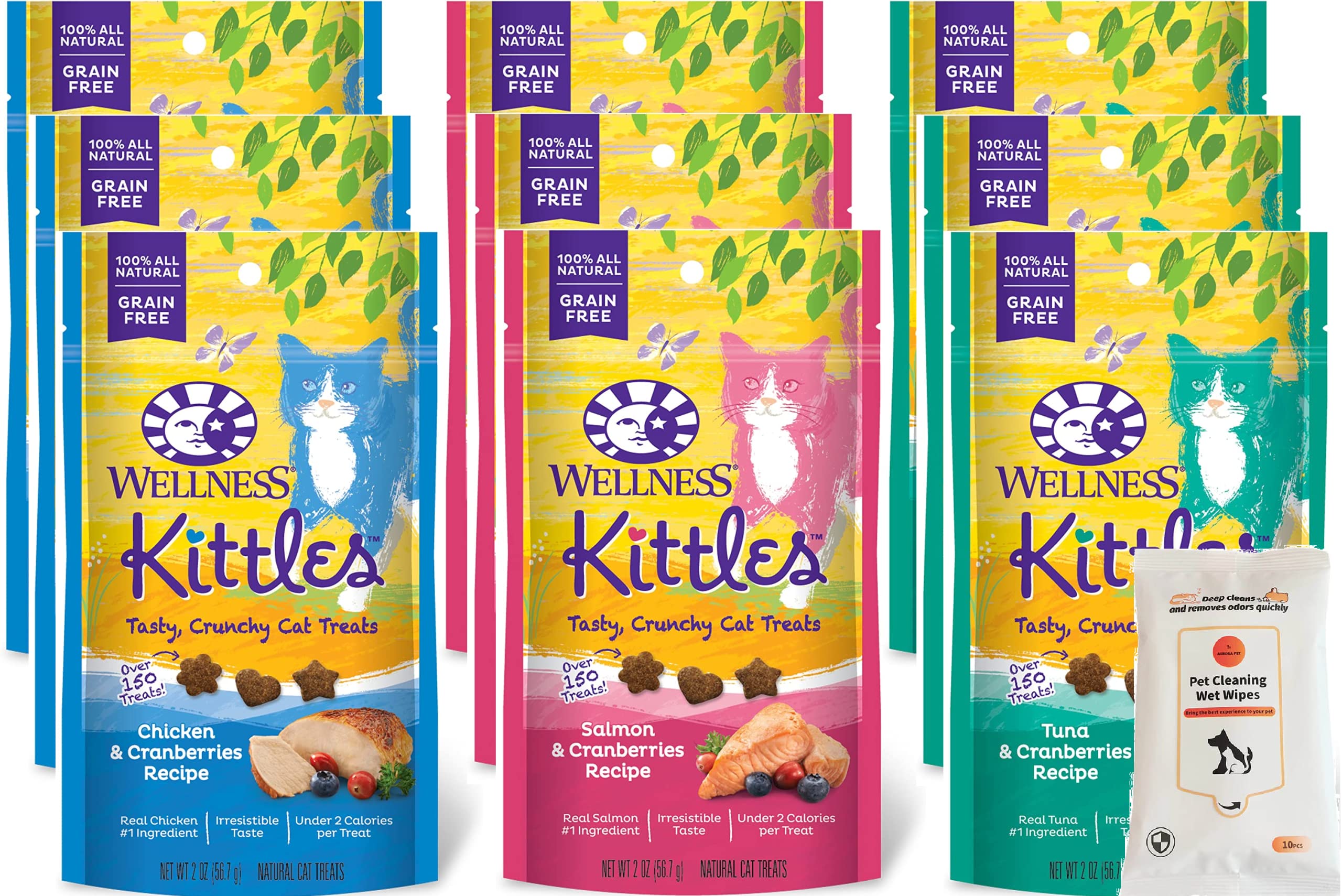 Aurora Pet Variety Pack 9 Wellnes Kittles Tasty Crunchy Cat Treats (3 Chicken, 3 Salmon, 3 Tuna) 2-oz Each with AuroraPet Grooming Wipes