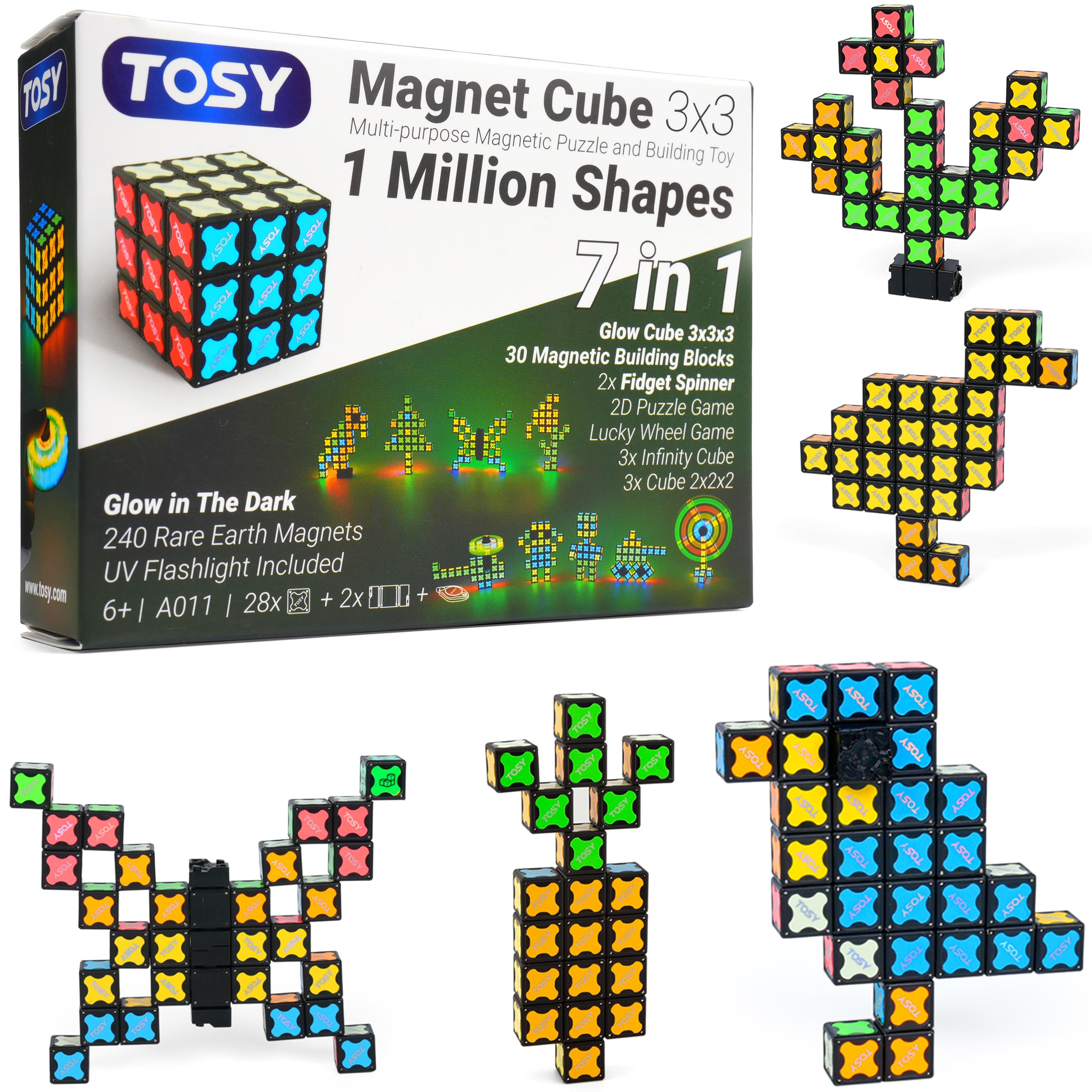 TOSY Magnet Cube 3x3 - 30 Blocks, 240 Magnets, Easter Basket Stuffers for Kids, Multipurpose: Creative Building Blocks, Transformable Fidget Spinner, Puzzle/Infinity Cube, Glowing STEM Toy