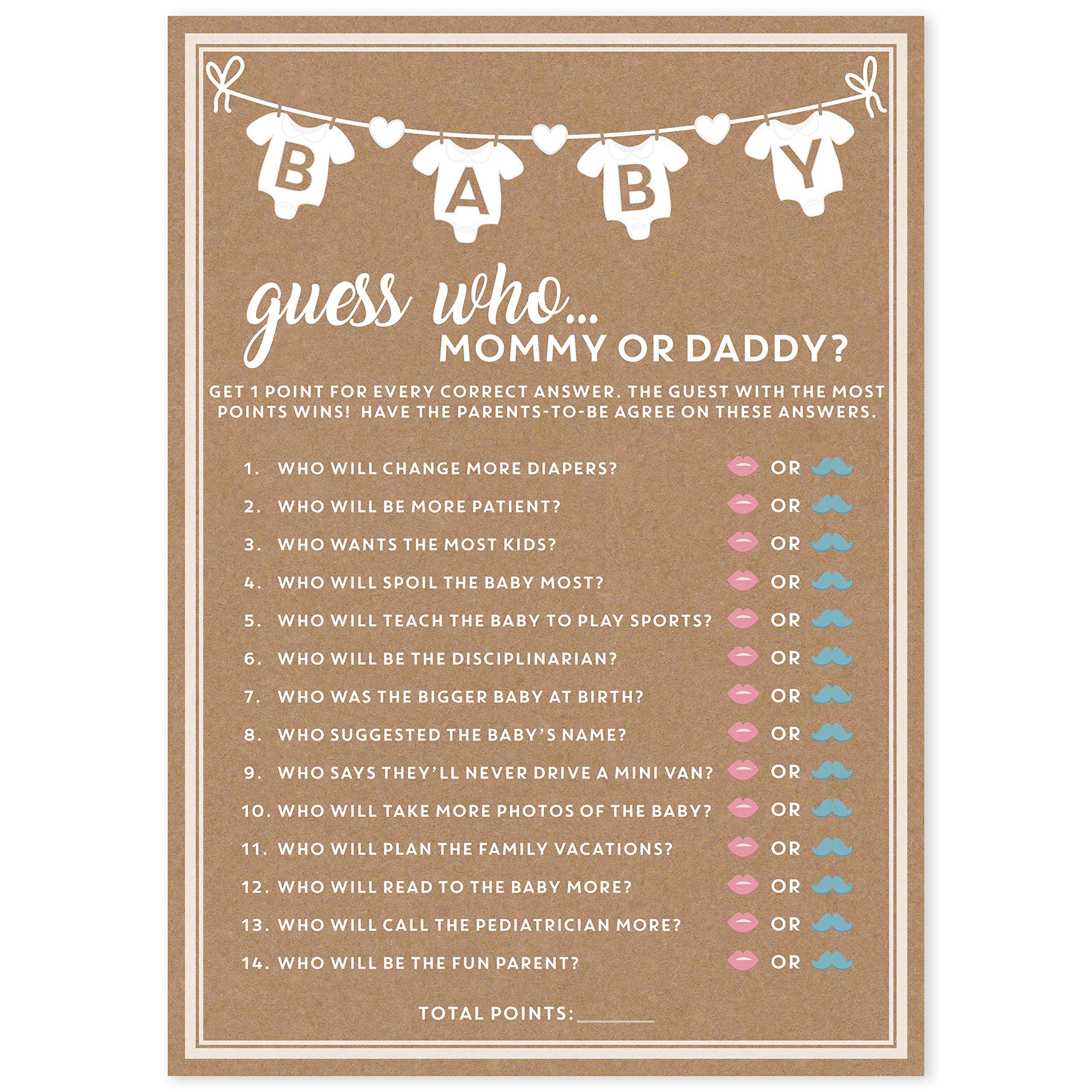 Party Hearty 50 pcs Baby Shower Games for Girl or Boy, Mommy or Daddy Guess Who Game, Fun Activity Cards, Gender Neutral, Ideas