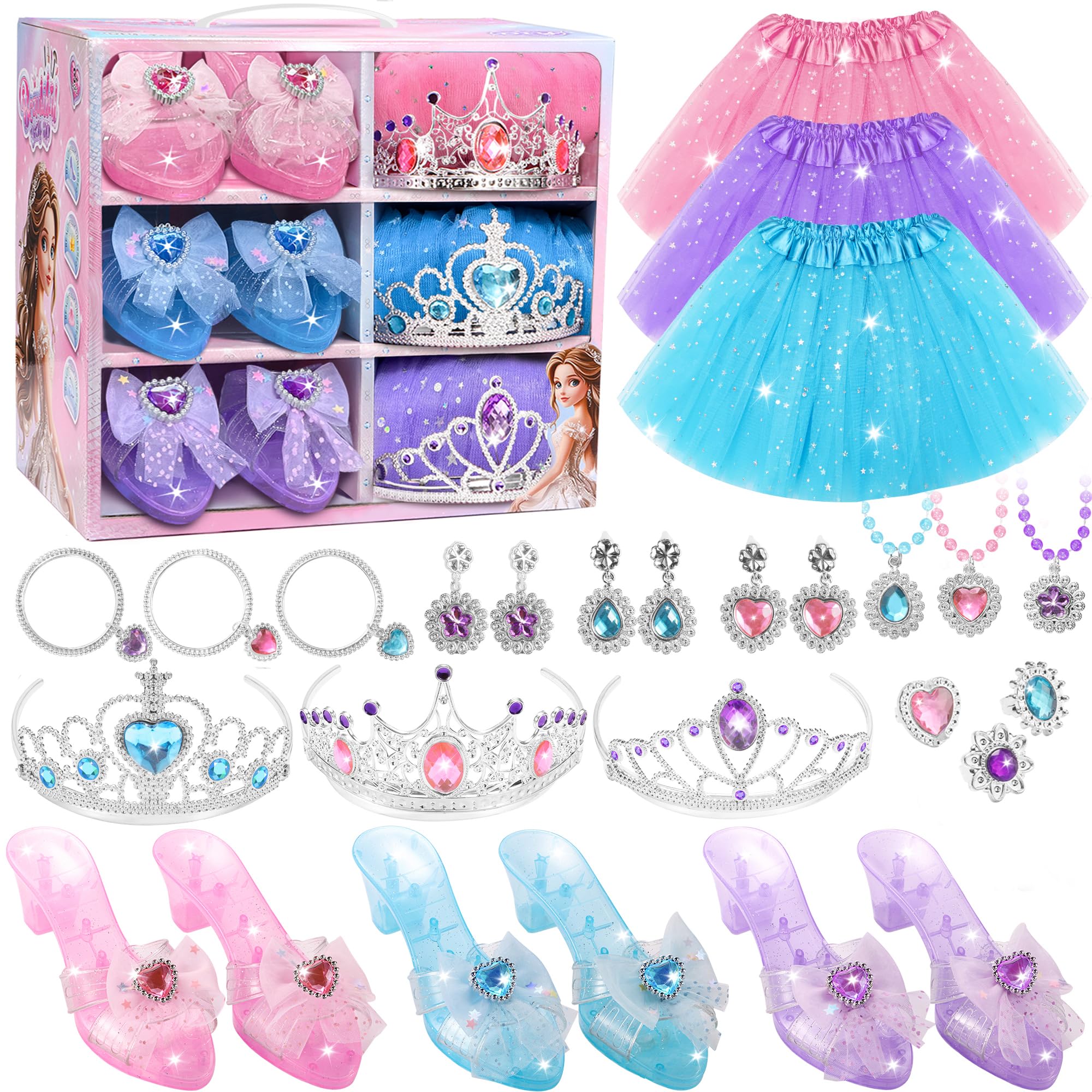 Princess Dress Up Toys, Jewelry Boutique Kit, 3 Color Skirts, Shoes, Crowns, Girls Toys for 3 4 5 6 Year Old