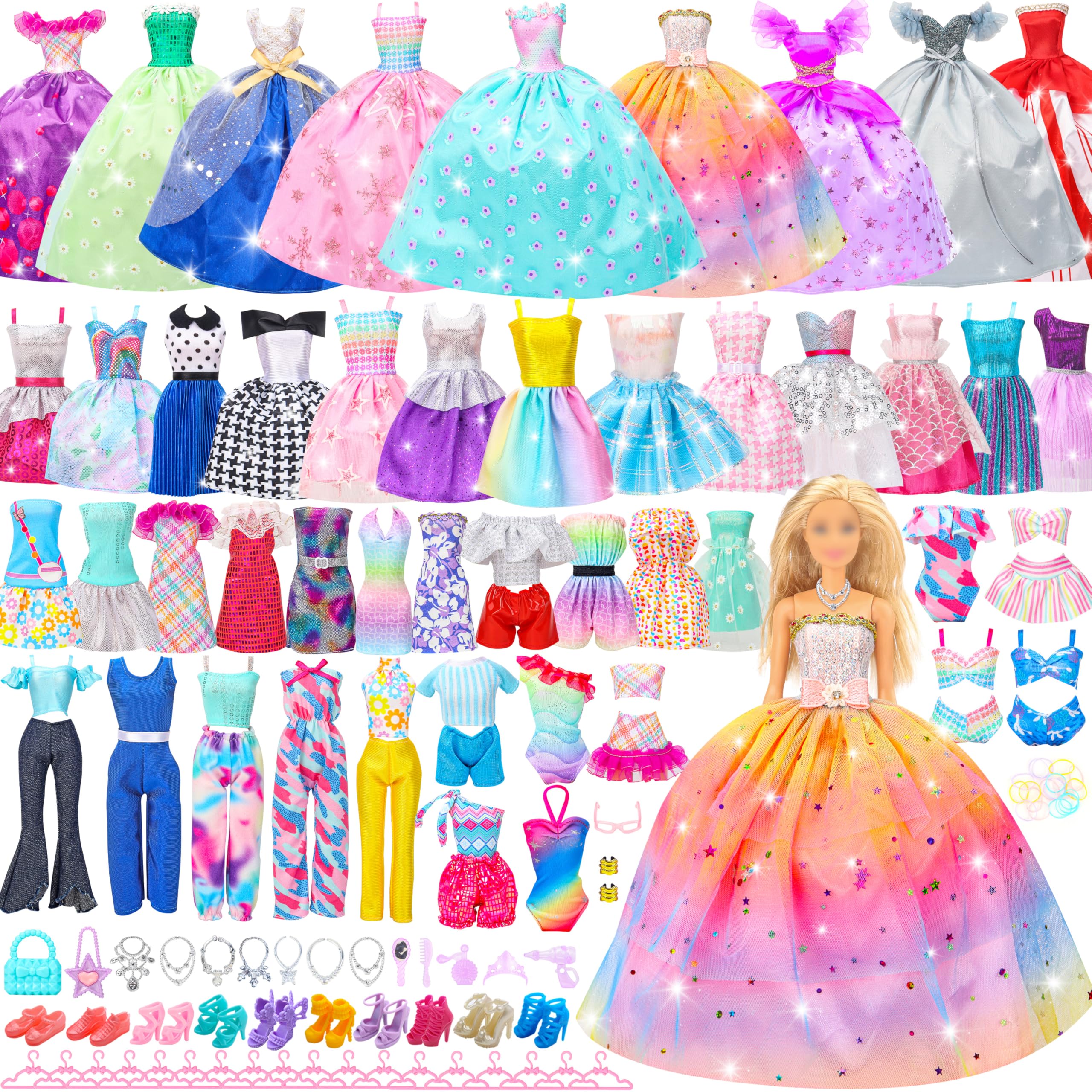 Style Shine 70 Pcs Doll Clothes and Accessories,2 Wedding Gown 6 Fashion Dresses 2 Set Casual Outfits 1 Top 1 Pant Bikini 1 Swimsuit,20 Hanger 10 Shoe 27 Accessories Toys for Girls Kids Gift