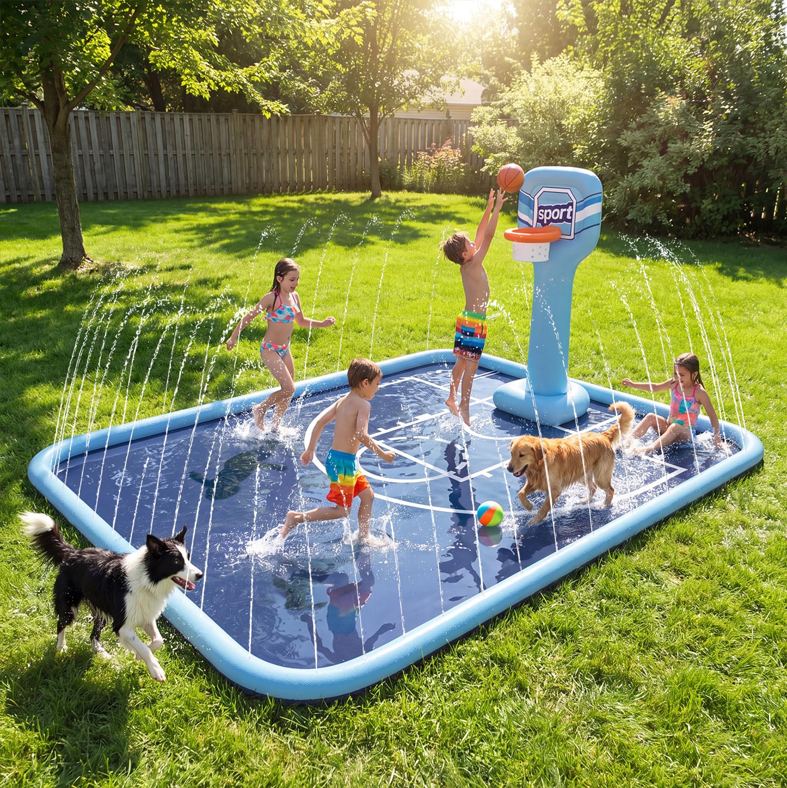 Splash Pad for Kids, 118"x138" Extra Large Sprinkler Splash Pad with Basketball Hoop & Ball, Non-Slip Outdoor Water Toys for Backyard Summer Fun