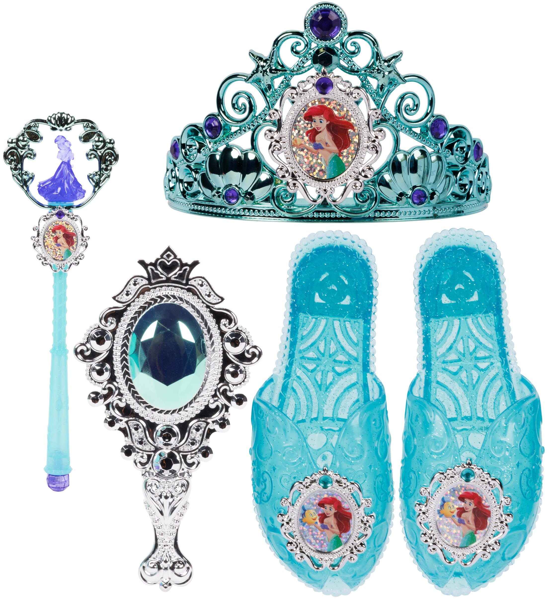 Disney Princess Dress Up Accessory Set Ariel Tiara, Shoes, Wand and Comb Set for Little Girls Role Play Time Costume Toys for 3-6 Years