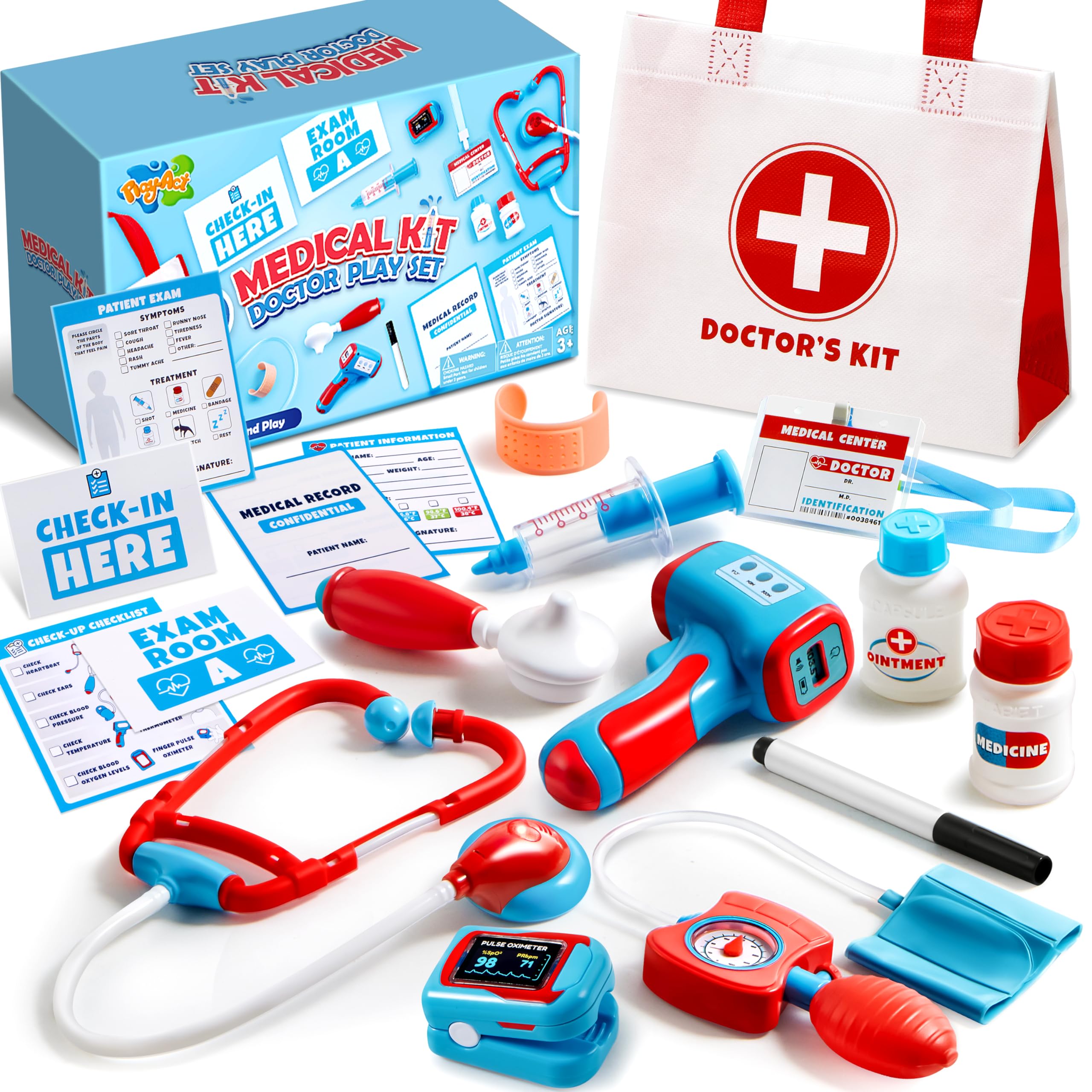 Play-Act Kids Doctor Kit, 16-Piece Medical Kit with Bag, Doctor Role Play Set with Realistic Toy Stethoscope, Reusable Record Cards, Dress Up Playset Birthday Gift for Toddlers Ages 3+