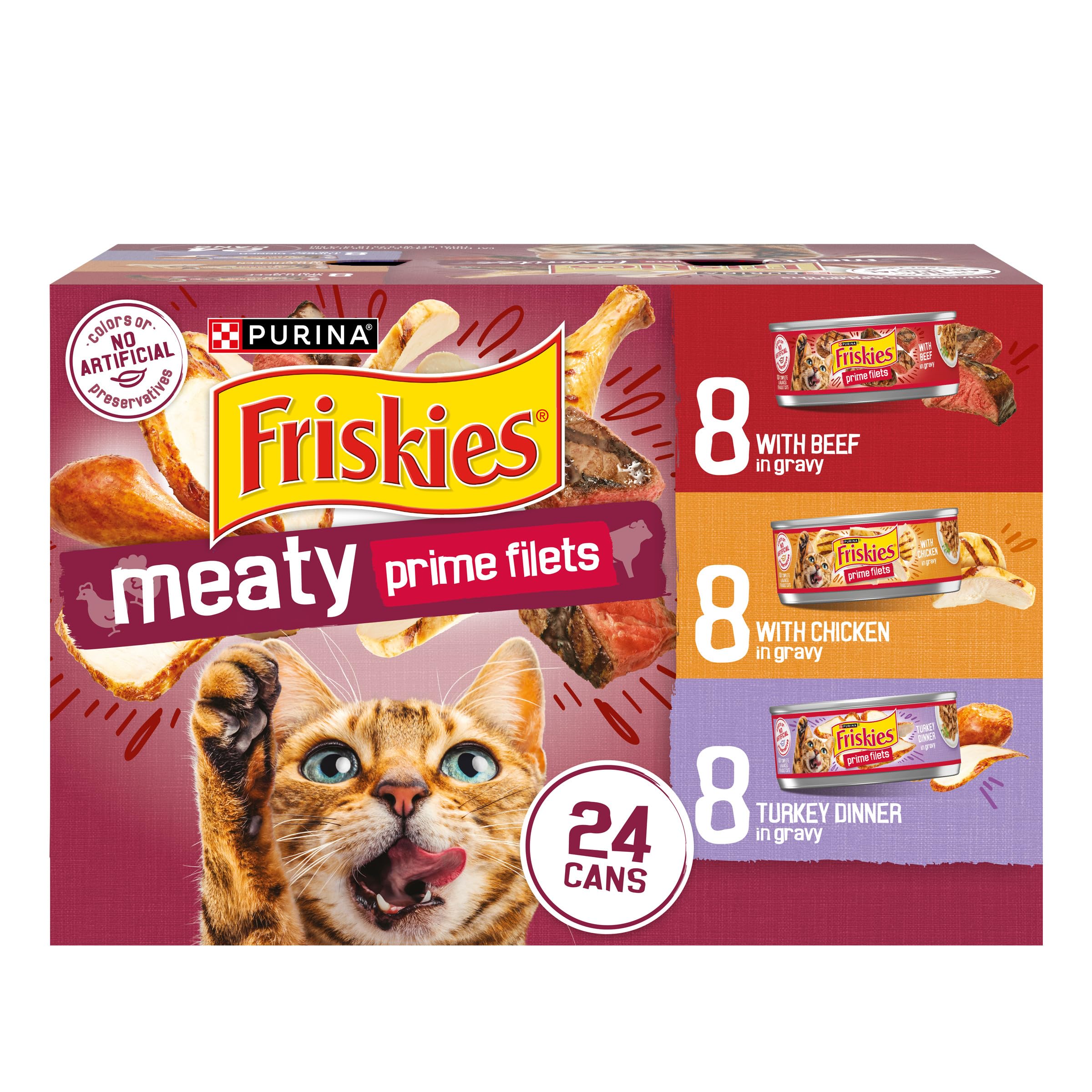 Purina Friskies Gravy Wet Cat Food Variety Pack, Prime Filets Meaty Favorites - (Pack of 24) 5.5 oz. Cans