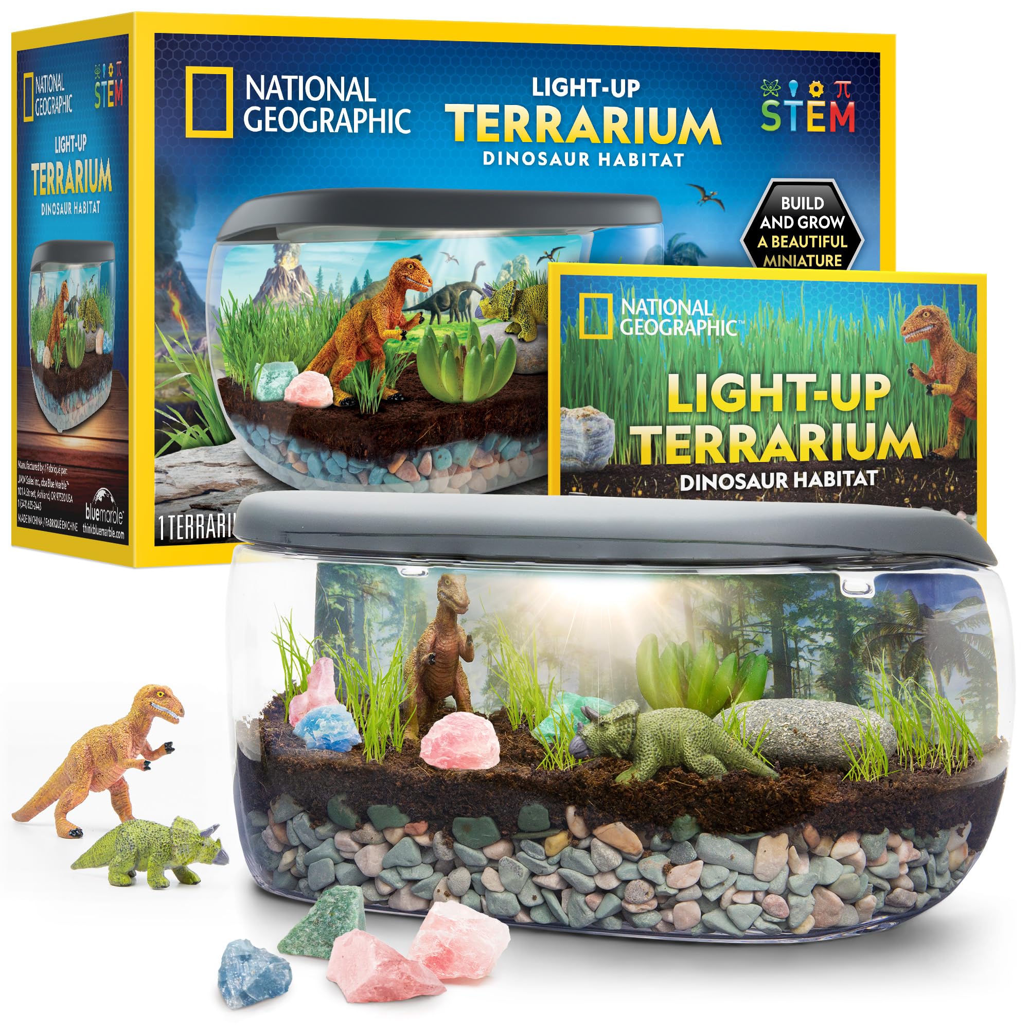 National Geographic Light Up Dinosaur Terrarium Kit for Kids – Build a Dino Habitat with Real Plants & Gemstones, Night Light, Science Kit, Dinosaur Toys for Kids Ages 6 7 8 9 (Amazon Exclusive)