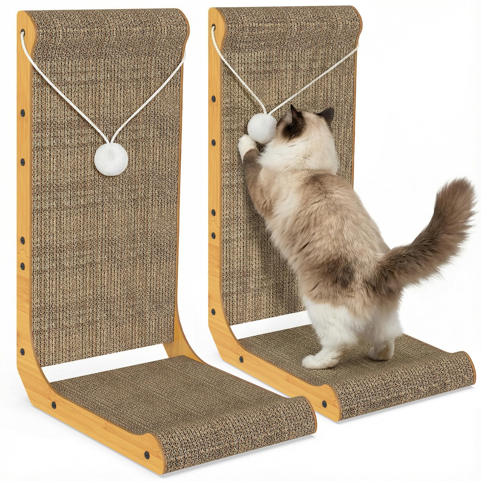 2-Pack Cat Scratching Board, 25.6'' Tall L-Shaped Cardboard Cat Scratcher with Hanging Ball Toy & Raised Edges, Vertical Cat Scratching Post for Indoor Cats, Wall & Couch Protector