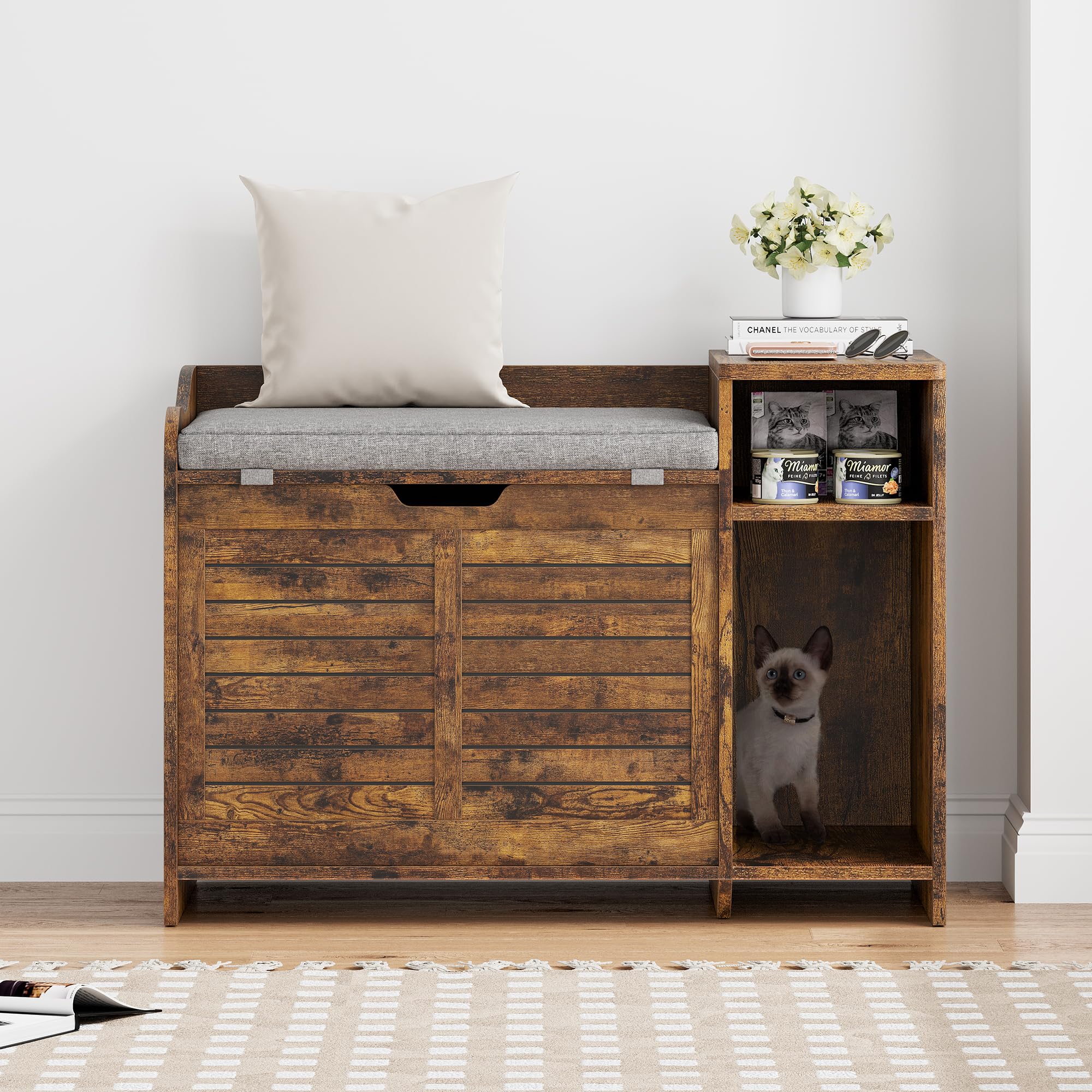 TROPOW Cat Litter Box Enclosure Furniture with Top Opening and Cushion, Hidden Litter Box Cabinet with Storage, Privacy Cat Box Enclosure, Brown