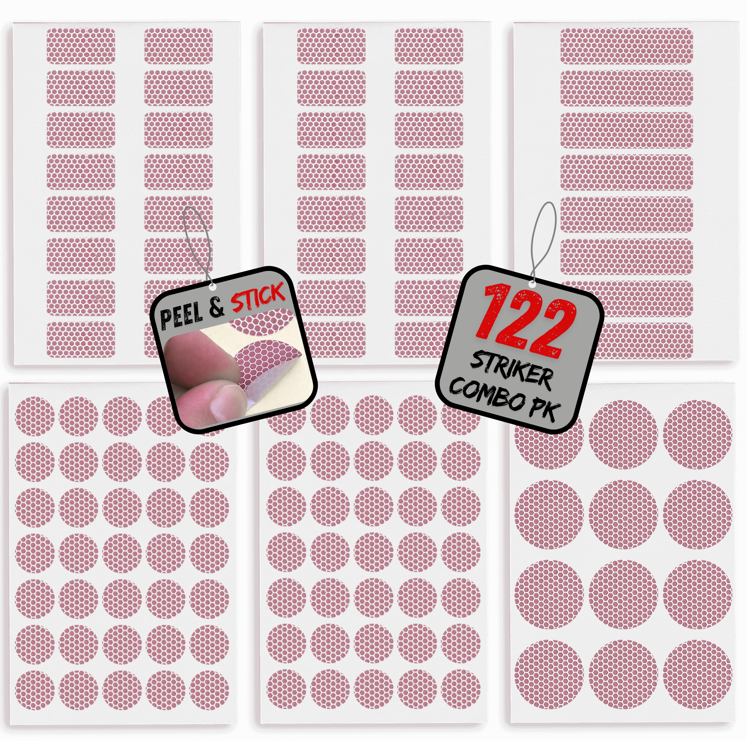 122 Piece Match Striker Variety Pack | Peel & Stick Adhesive Stricker Stickers for Safety Matches | Replacement Flint Strips Pad Dots and Circles Combo