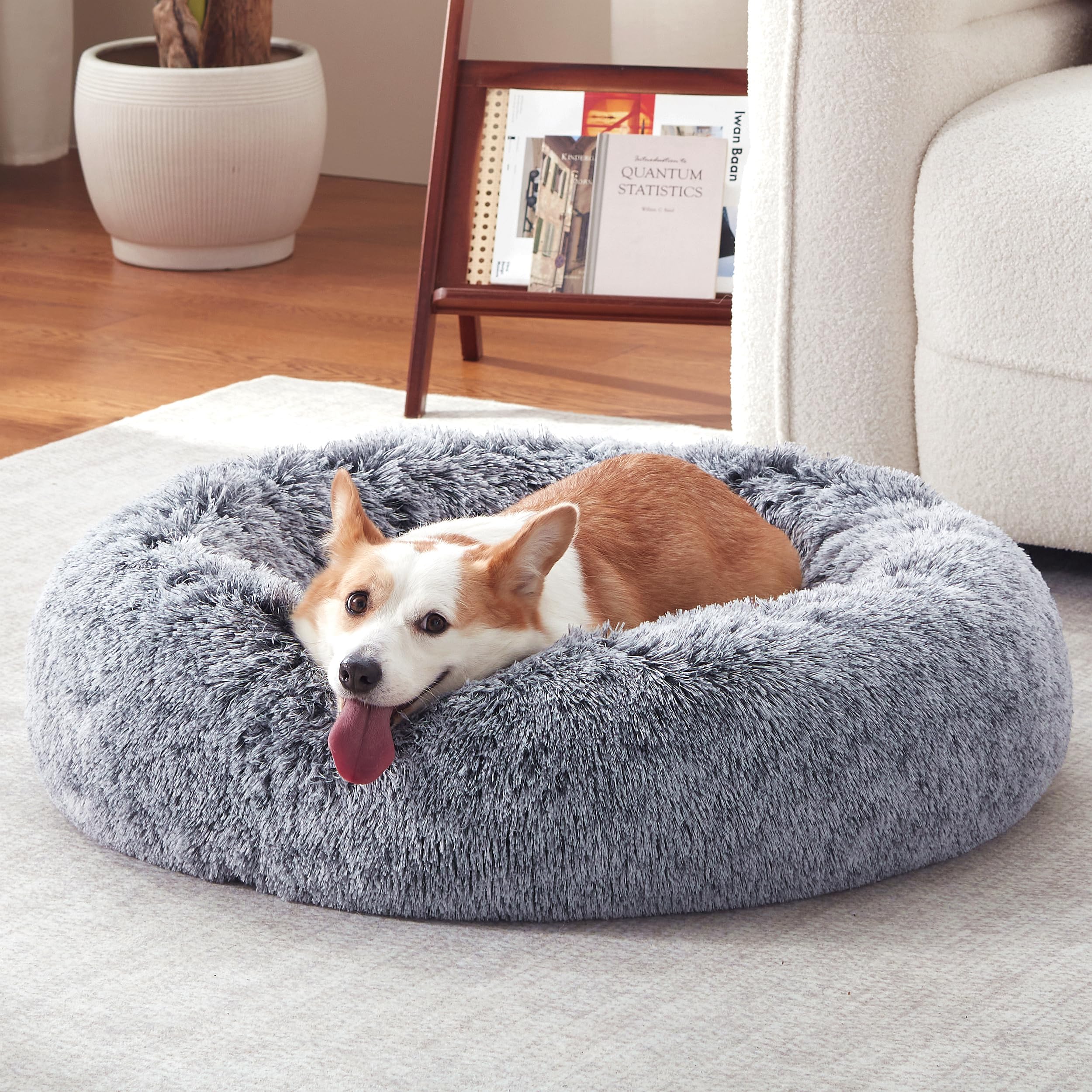 Donut Dog Bed Medium Size Dog 30 Inch, Round Cat Beds for Small Medium Dogs and Cats with Washable Fluffy Faux Fur, Cute Comfort Pet Bed with Anti-Slip Bottom, Grey