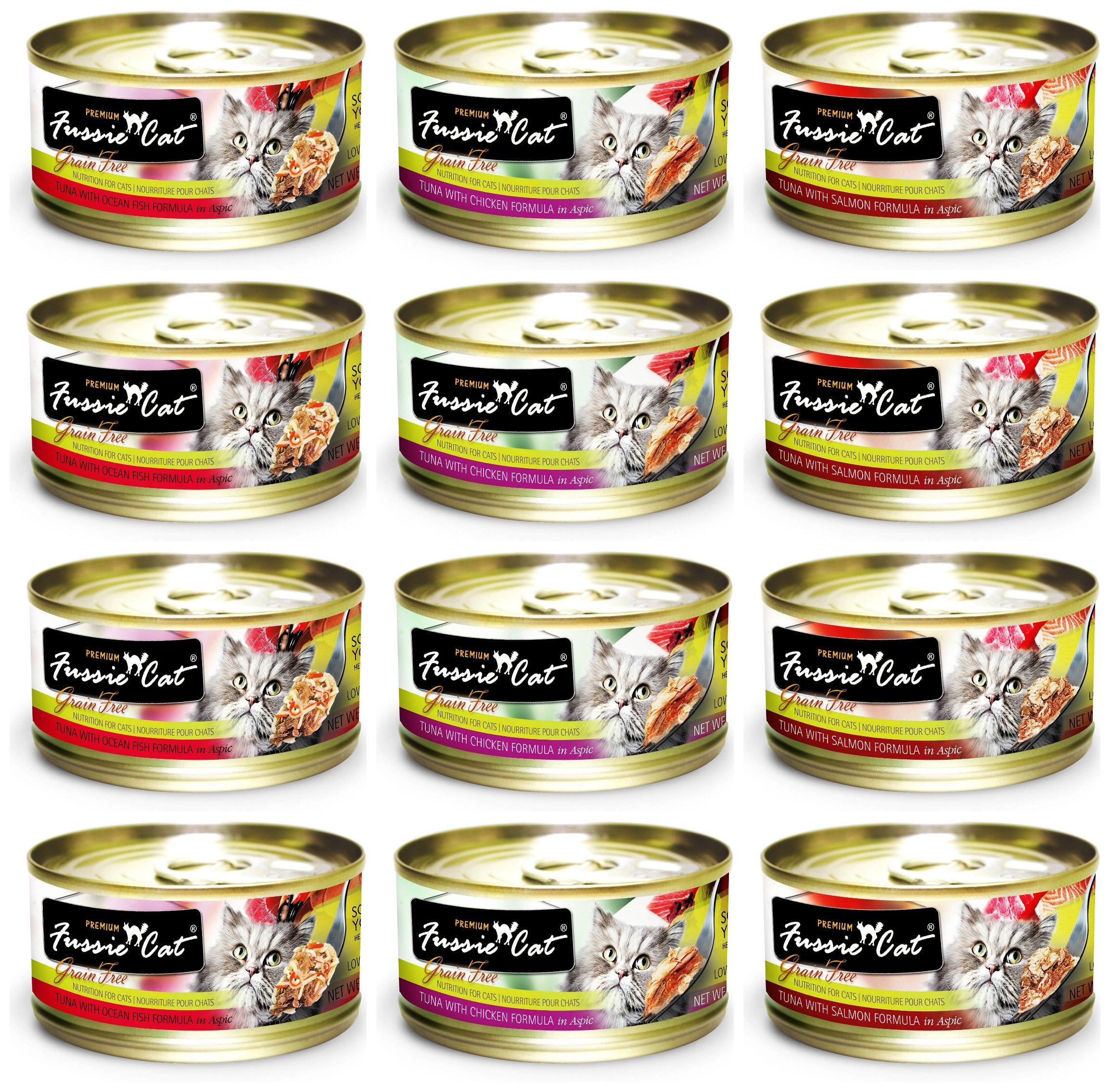 Fussie Cat Premium Grain Free Canned Cat Food 3 Flavor Variety: (4) Tuna with Chicken, (4) Tuna with Salmon and (4) Ocean Fish, 2.82 Oz Each (12 Cans Total)