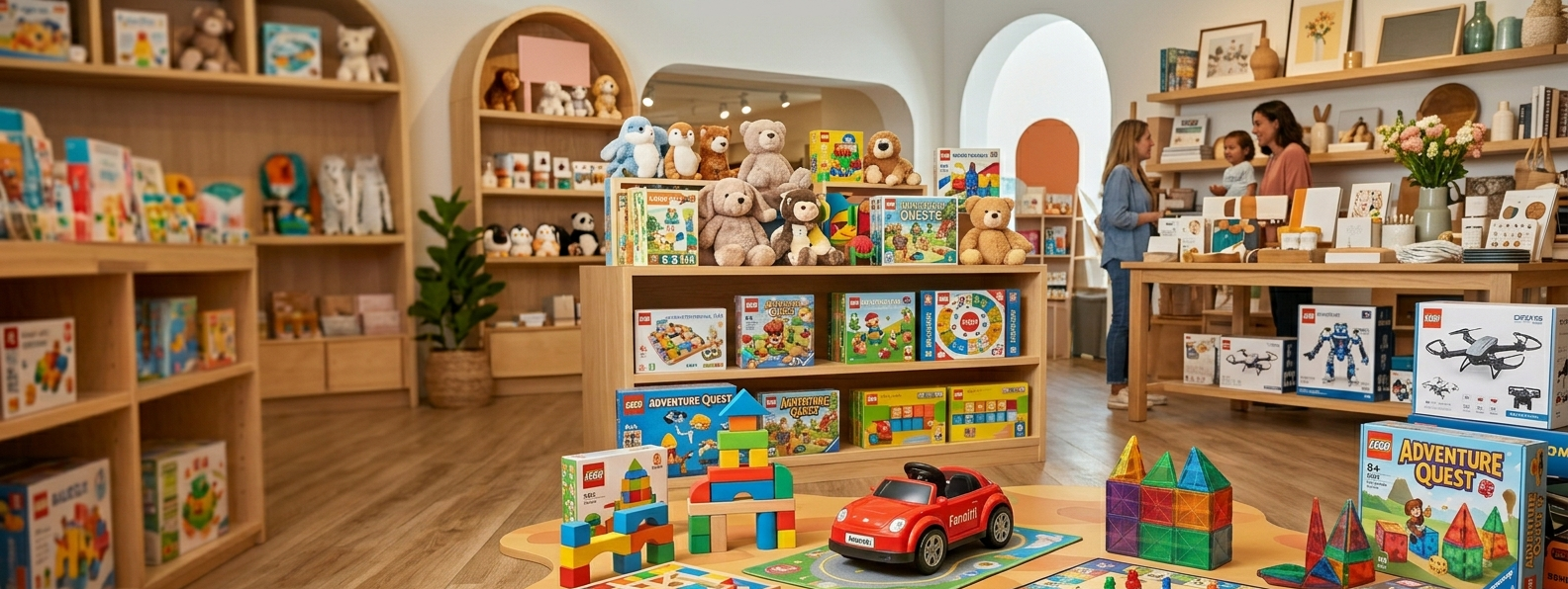 Toy store with shelves and tables filled with various toys and books.